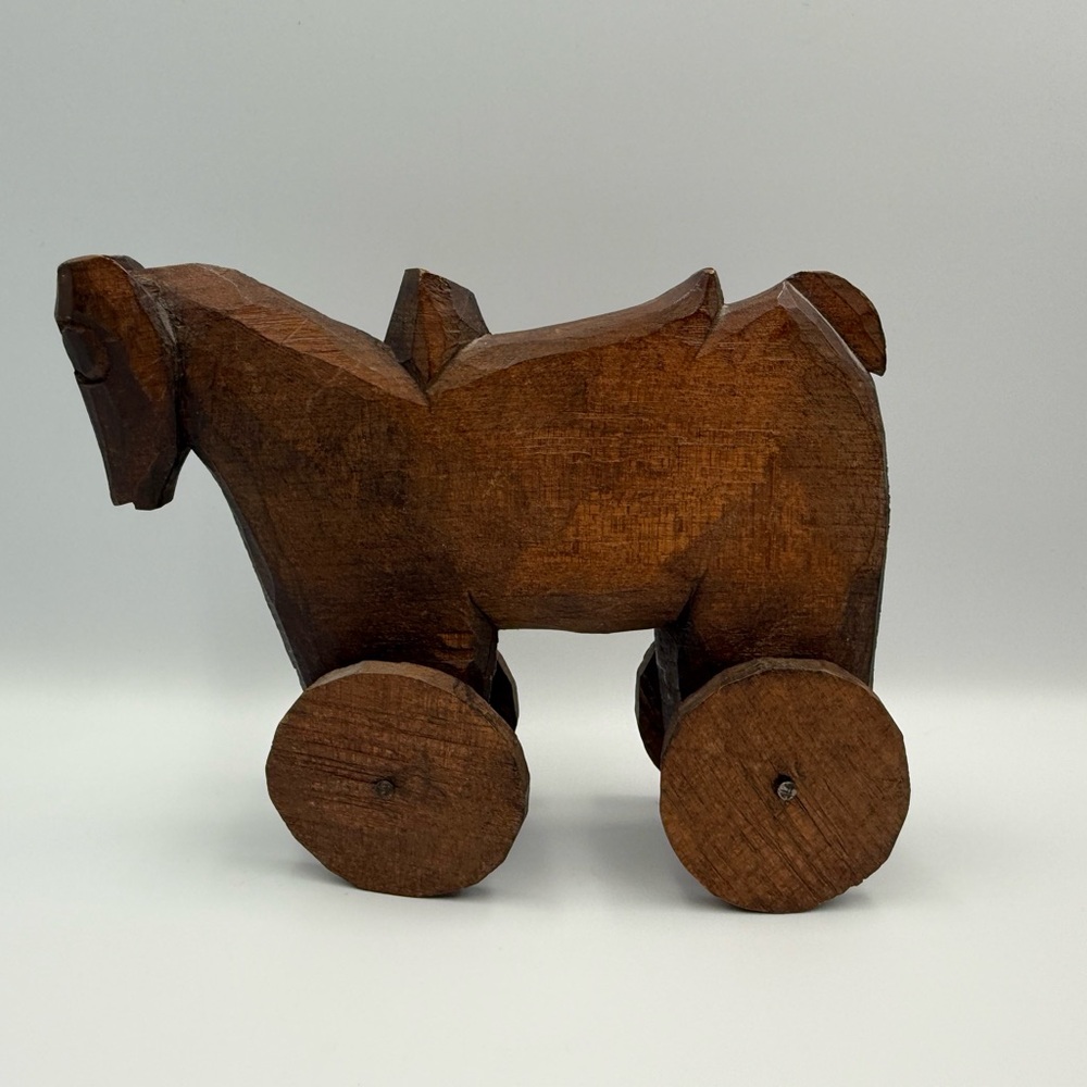Vintage Primitive Folk Art Hand Carved Wooden Horse On Wheels - Picture 3 of 10